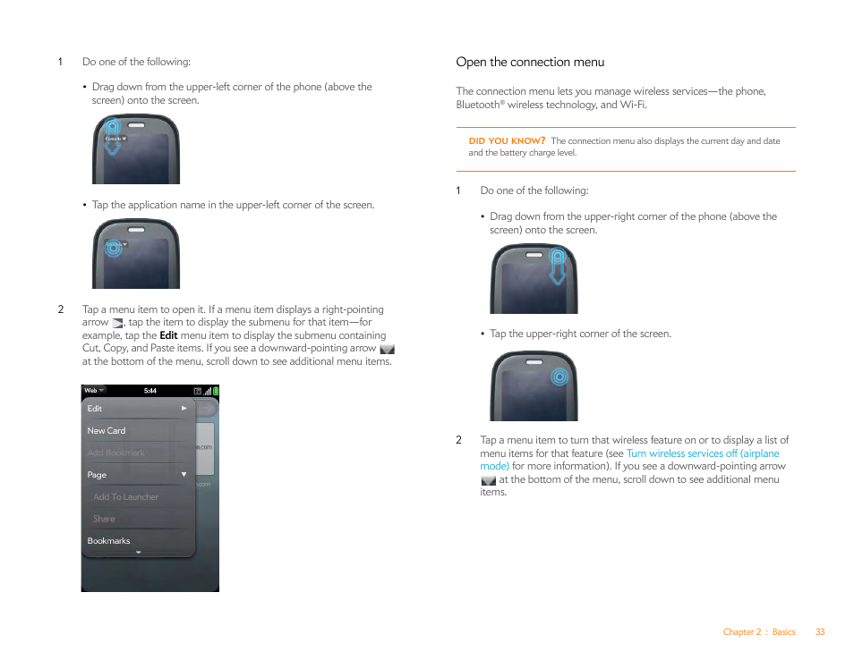 Open the connection menu, Connection menu | Palm Pre Plus User Manual | Page 33 / 209