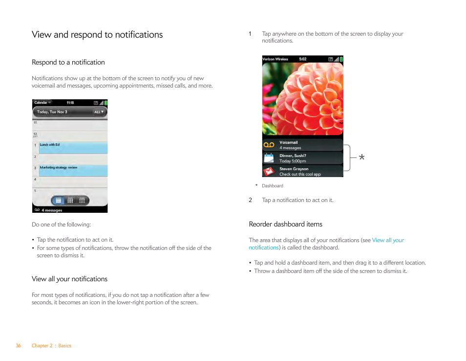 View and respond to notifications, Respond to a notification, View all your notifications | Reorder dashboard items, View and respond, To notifications | Palm Pre Plus User Manual | Page 36 / 209