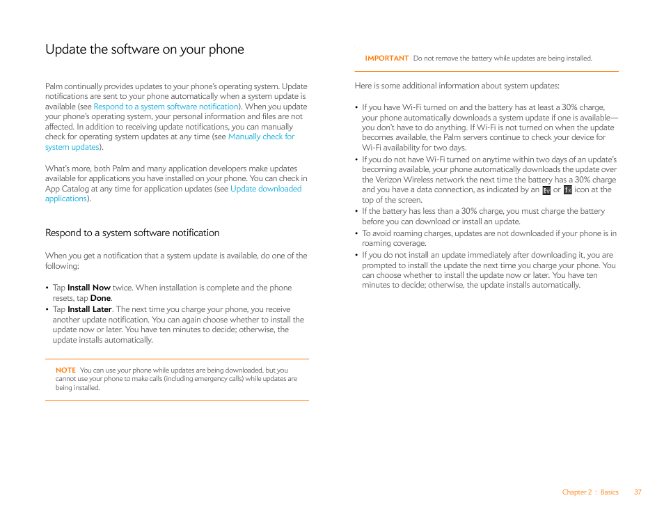 Update the software on your phone, Respond to a system software notification | Palm Pre Plus User Manual | Page 37 / 209