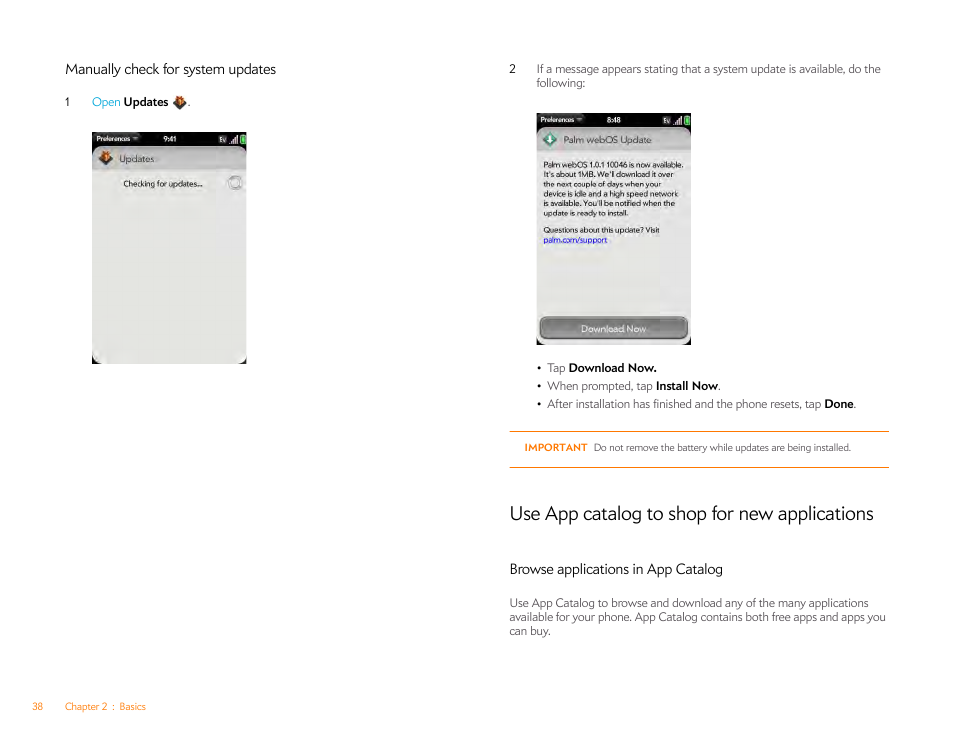 Manually check for system updates, Use app catalog to shop for new applications, Browse applications in app catalog | Manually check for, System updates | Palm Pre Plus User Manual | Page 38 / 209
