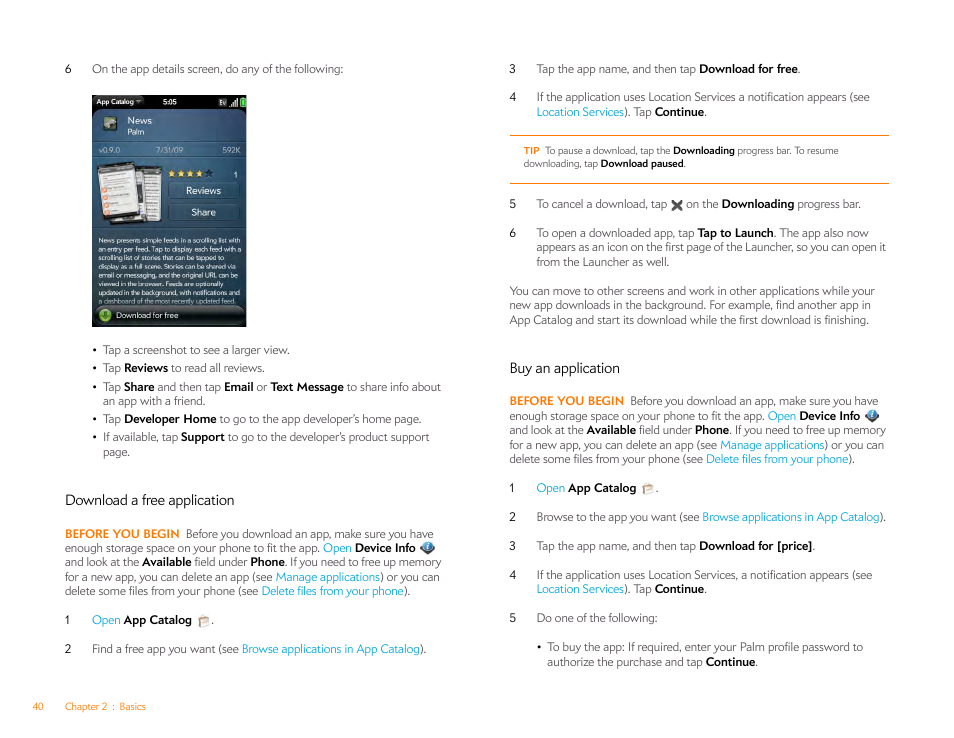 Download a free application, Buy an application | Palm Pre Plus User Manual | Page 40 / 209