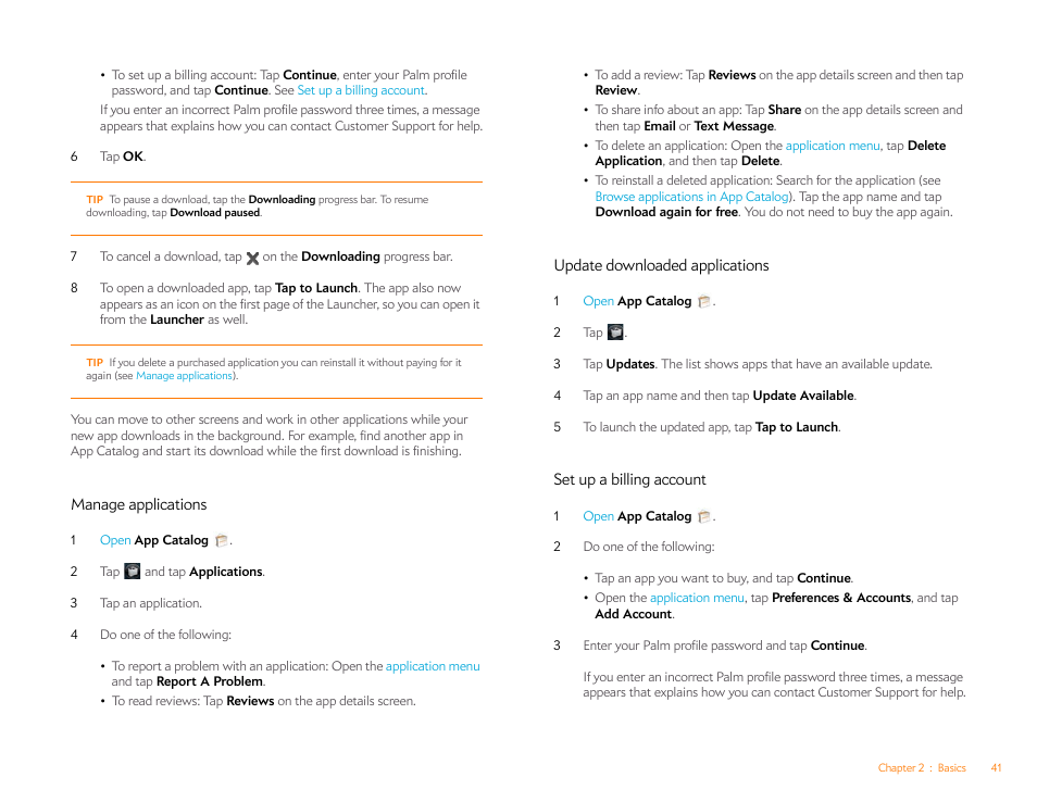 Manage applications, Update downloaded applications, Set up a billing account | Update downloaded, Applications | Palm Pre Plus User Manual | Page 41 / 209