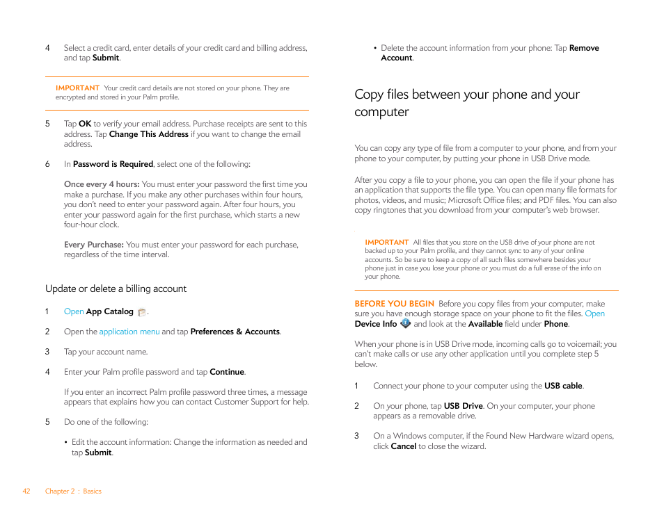 Update or delete a billing account, Copy files between your phone and your computer | Palm Pre Plus User Manual | Page 42 / 209