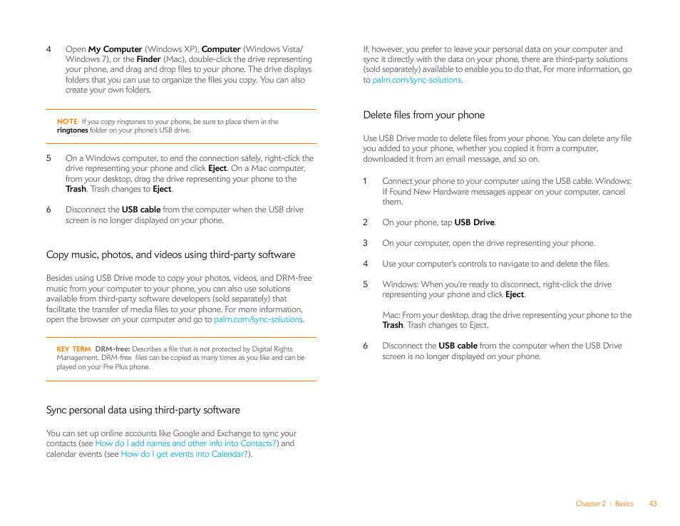 Sync personal data using third-party software, Delete files from your phone | Palm Pre Plus User Manual | Page 43 / 209