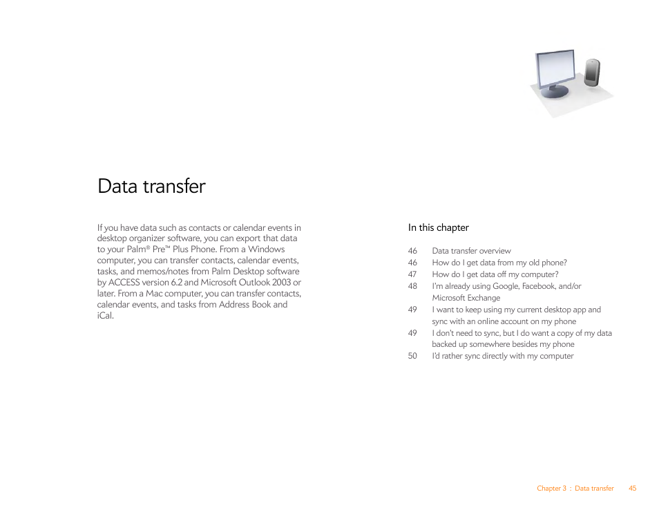 Data transfer, Data, Transfer | Palm Pre Plus User Manual | Page 45 / 209