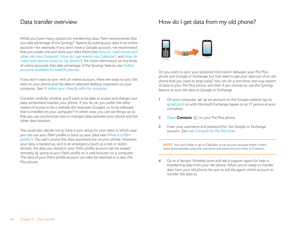 Data transfer overview, How do i get data from my old phone | Palm Pre Plus User Manual | Page 46 / 209