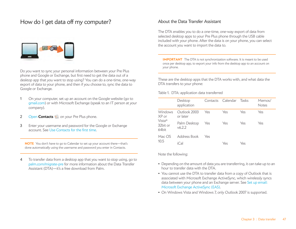 How do i get data off my computer, About the data transfer assistant | Palm Pre Plus User Manual | Page 47 / 209