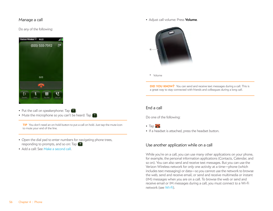 Manage a call, End a call, Use another application while on a call | Palm Pre Plus User Manual | Page 56 / 209