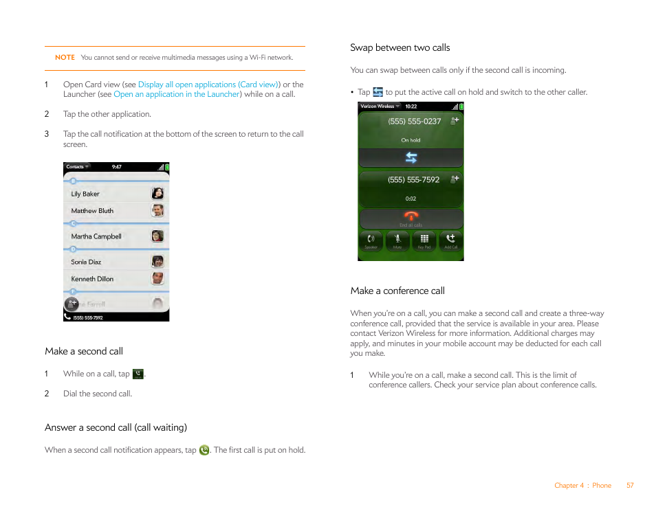 Make a second call, Answer a second call (call waiting), Swap between two calls | Make a conference call | Palm Pre Plus User Manual | Page 57 / 209