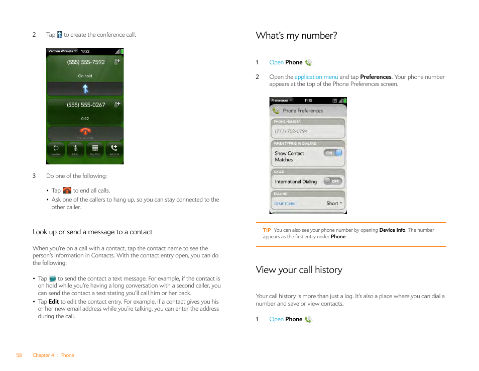 Look up or send a message to a contact, What’s my number, View your call history | Palm Pre Plus User Manual | Page 58 / 209