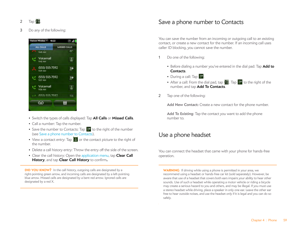 Save a phone number to contacts, Use a phone headset | Palm Pre Plus User Manual | Page 59 / 209