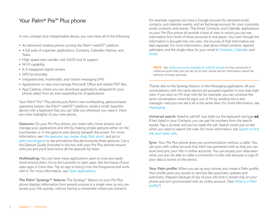 Your palm® pre™ plus phone, Your palm, Pre™ plus phone | Palm Pre Plus User Manual | Page 6 / 209