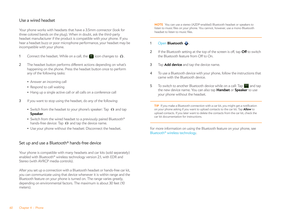 Use a wired headset, Set up and use a bluetooth® hands-free device | Palm Pre Plus User Manual | Page 60 / 209