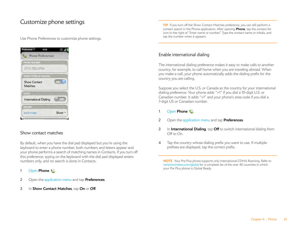 Customize phone settings, Show contact matches, Enable international dialing | This, Show, Contact matches | Palm Pre Plus User Manual | Page 61 / 209