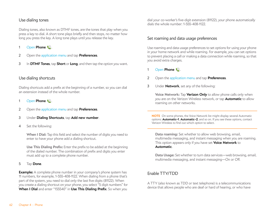 Use dialing tones, Use dialing shortcuts, Set roaming and data usage preferences | Enable tty/tdd, Set roaming and, Data usage preferences | Palm Pre Plus User Manual | Page 62 / 209