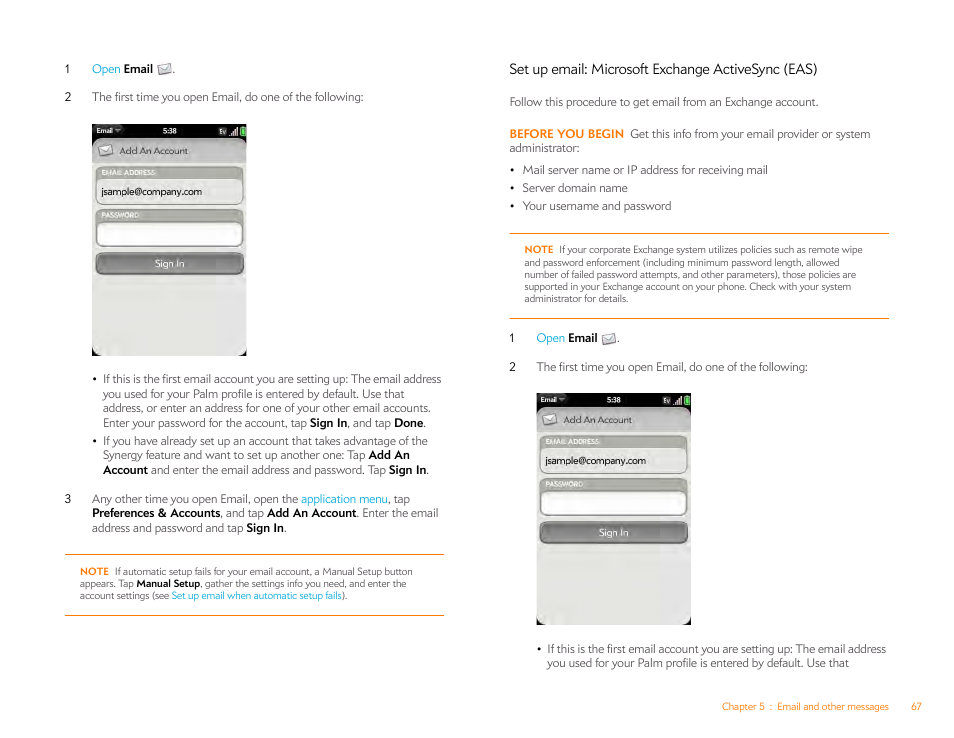 Set up email: microsoft exchange activesync (eas), Set up email, Microsoft exchange activesync (eas) | Palm Pre Plus User Manual | Page 67 / 209