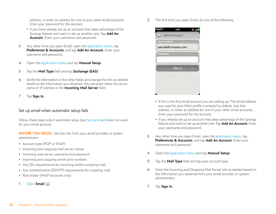 Set up email when automatic setup fails | Palm Pre Plus User Manual | Page 68 / 209