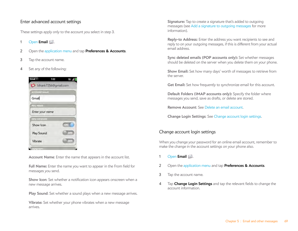 Enter advanced account settings, Change account login settings | Palm Pre Plus User Manual | Page 69 / 209