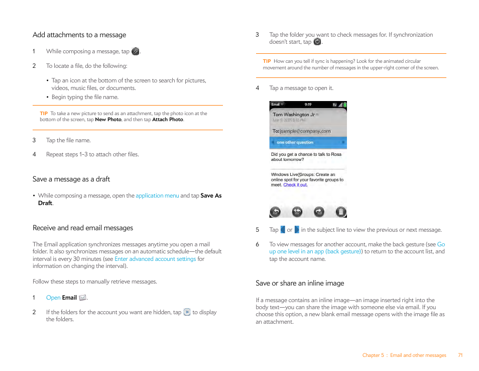 Add attachments to a message, Save a message as a draft, Receive and read email messages | Save or share an inline image | Palm Pre Plus User Manual | Page 71 / 209