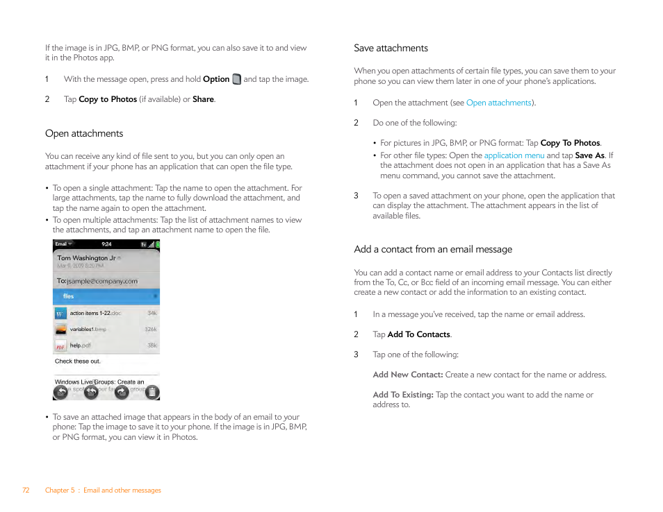 Open attachments, Save attachments, Add a contact from an email message | Palm Pre Plus User Manual | Page 72 / 209