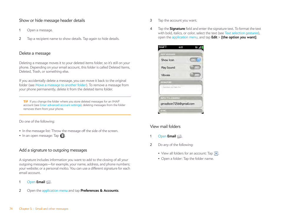 Show or hide message header details, Delete a message, Add a signature to outgoing messages | View mail folders | Palm Pre Plus User Manual | Page 74 / 209