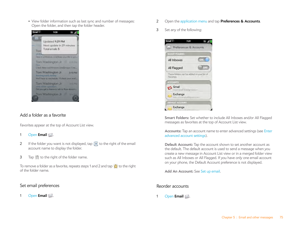 Add a folder as a favorite, Set email preferences, Reorder accounts | Email preferences | Palm Pre Plus User Manual | Page 75 / 209