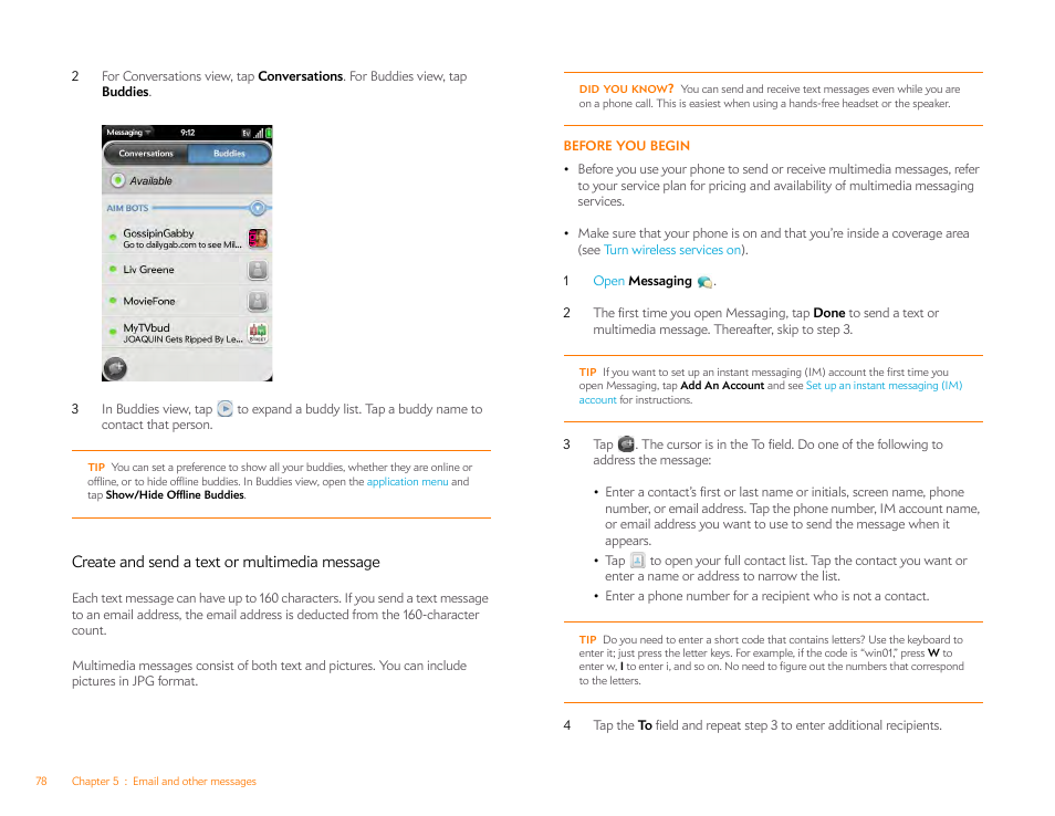 Create and send a text or multimedia message, Create and send a text or multimedia, Message | Create and send a, Text or multimedia message | Palm Pre Plus User Manual | Page 78 / 209