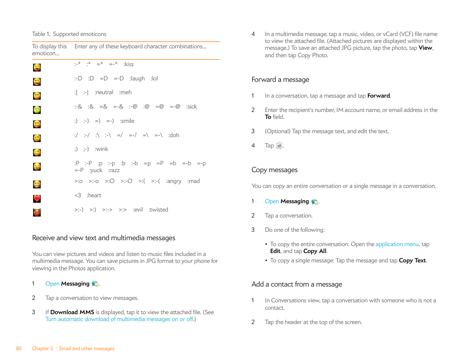 Receive and view text and multimedia messages, Forward a message, Copy messages | Add a contact from a message | Palm Pre Plus User Manual | Page 80 / 209