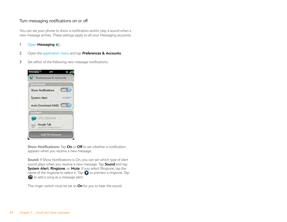 Turn messaging notifications on or off | Palm Pre Plus User Manual | Page 84 / 209