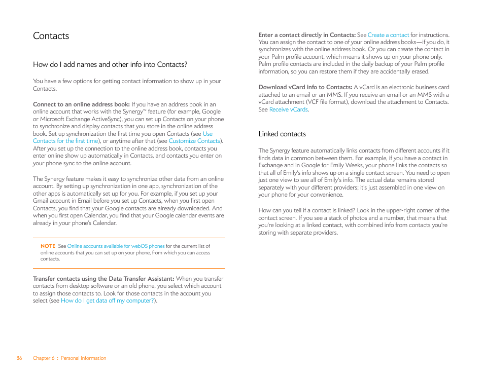 Contacts, How do i add names and other info into contacts, Linked contacts | How do i add names and, Other info into contacts | Palm Pre Plus User Manual | Page 86 / 209