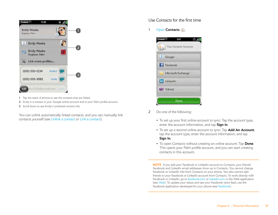 Use contacts for the first time, Contacts for the first time | Palm Pre Plus User Manual | Page 87 / 209