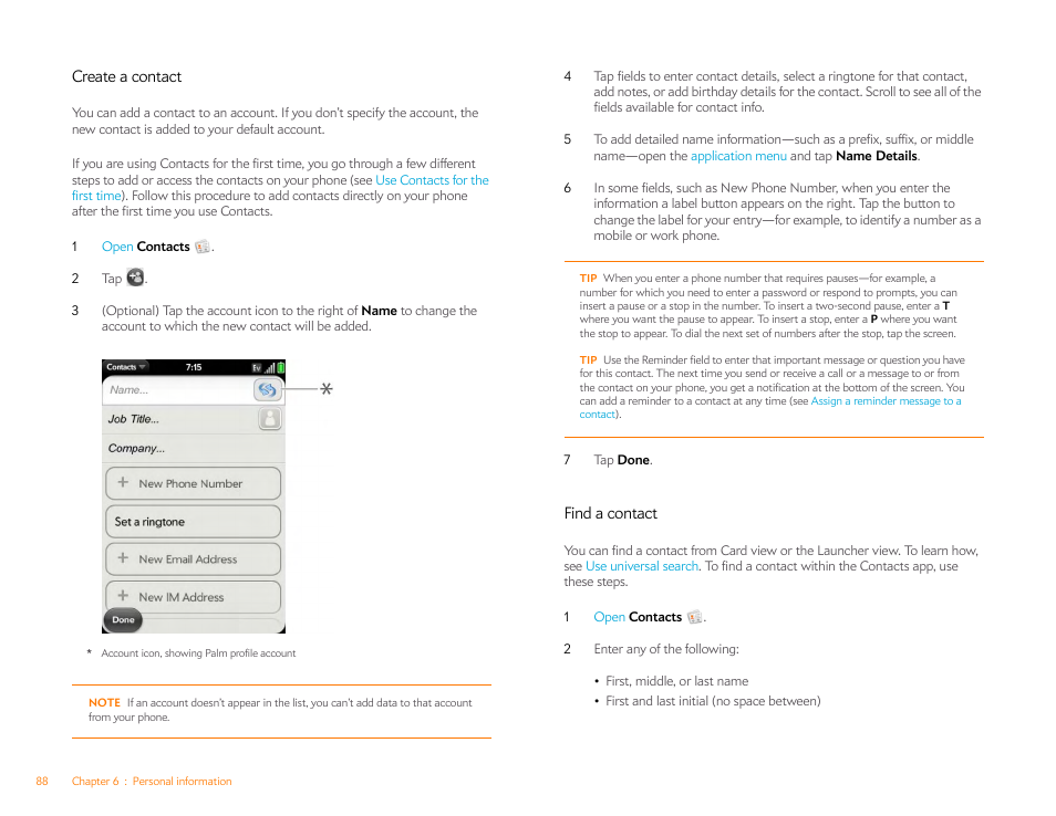 Create a contact, Find a contact | Palm Pre Plus User Manual | Page 88 / 209