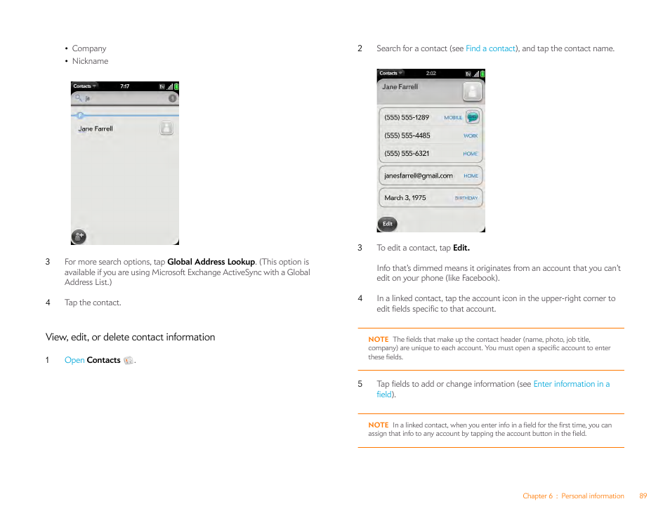 View, edit, or delete contact information | Palm Pre Plus User Manual | Page 89 / 209