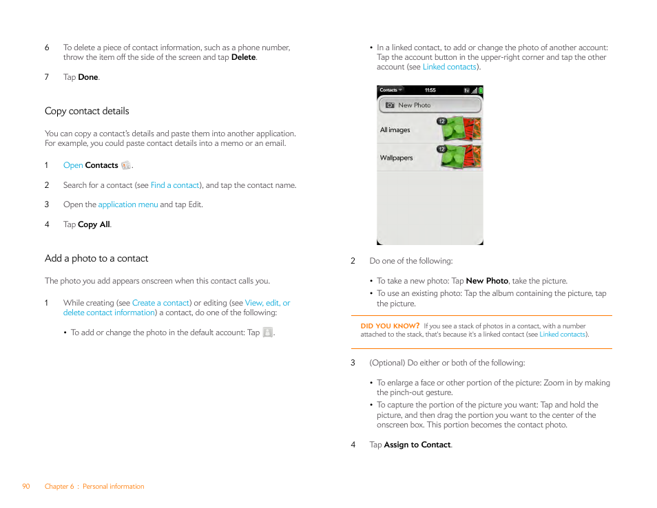 Copy contact details, Add a photo to a contact | Palm Pre Plus User Manual | Page 90 / 209