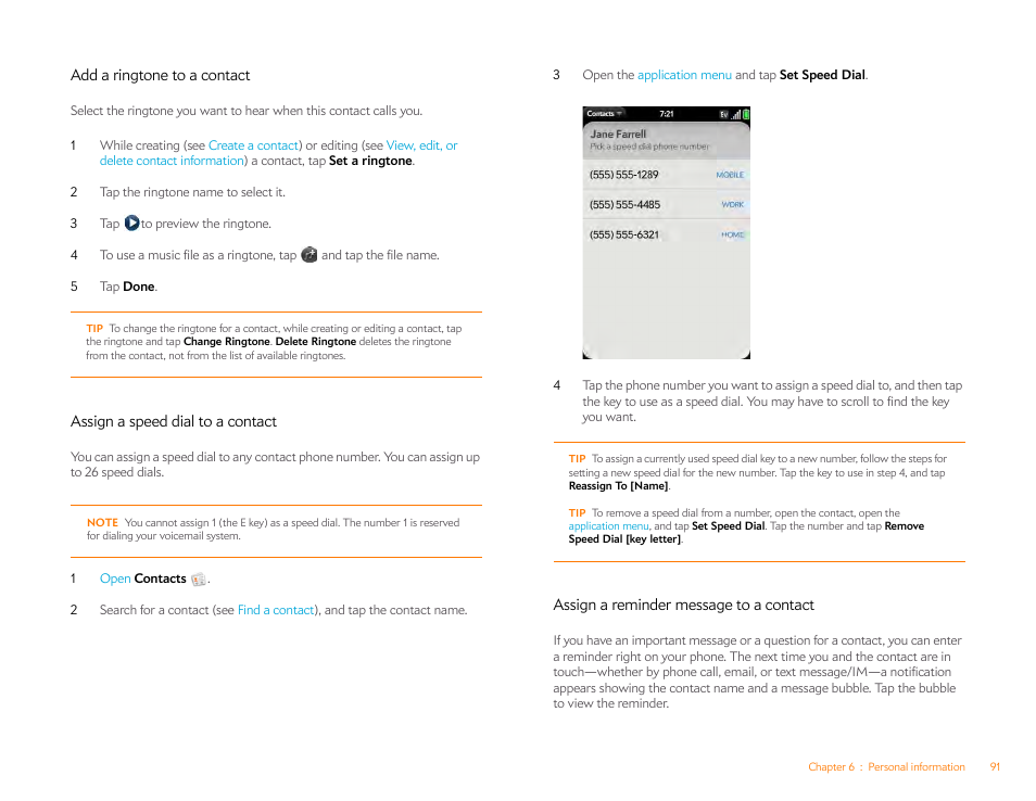 Add a ringtone to a contact, Assign a speed dial to a contact, Assign a reminder message to a contact | Add a, Ringtone to a contact, Assign a reminder message to a, Contact | Palm Pre Plus User Manual | Page 91 / 209