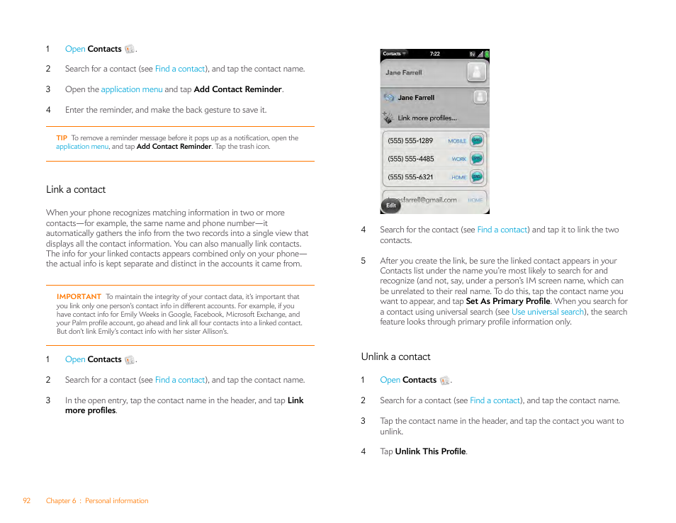 Link a contact, Unlink a contact | Palm Pre Plus User Manual | Page 92 / 209