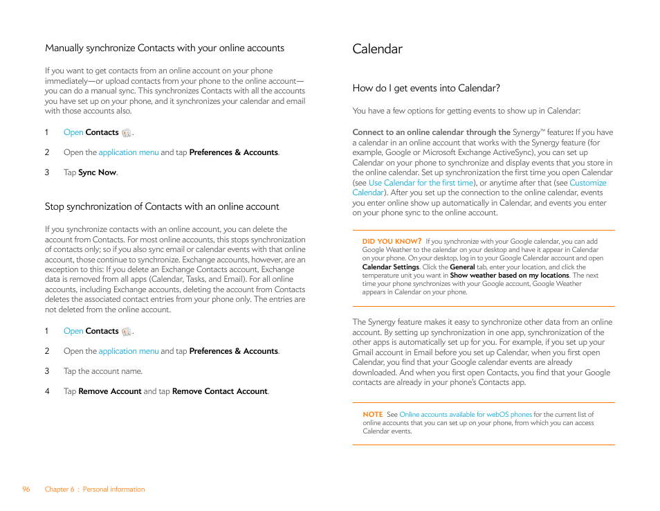 Calendar, How do i get events into calendar | Palm Pre Plus User Manual | Page 96 / 209