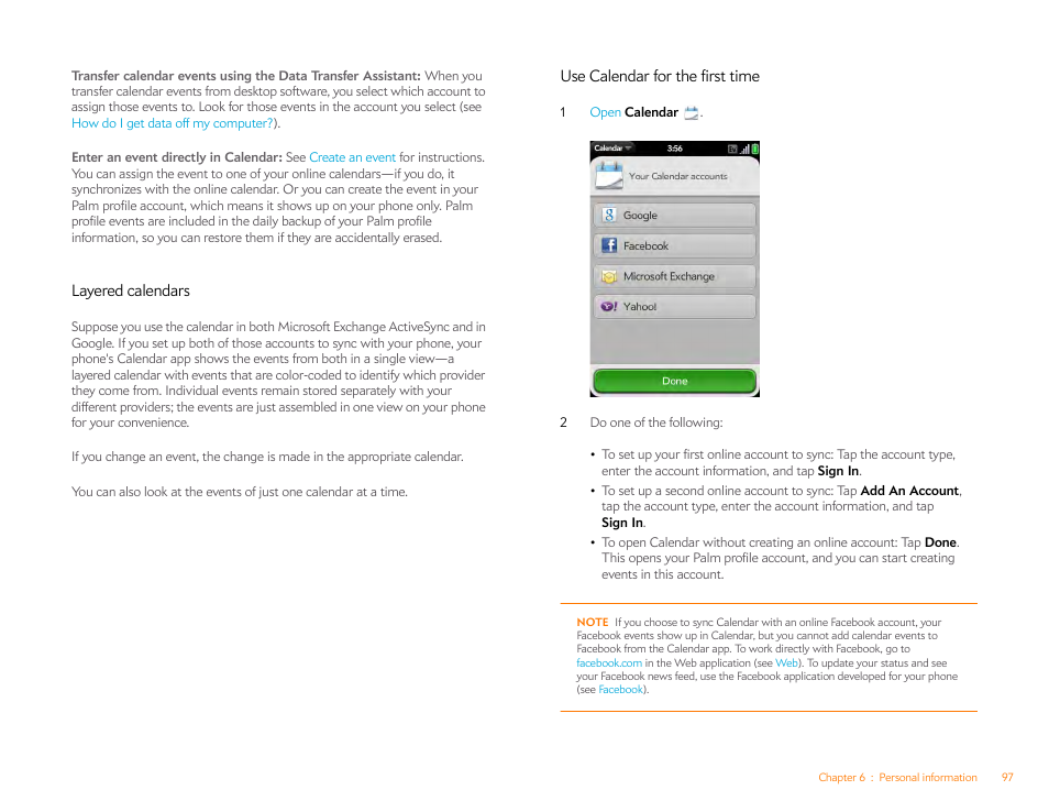 Layered calendars, Use calendar for the first time | Palm Pre Plus User Manual | Page 97 / 209