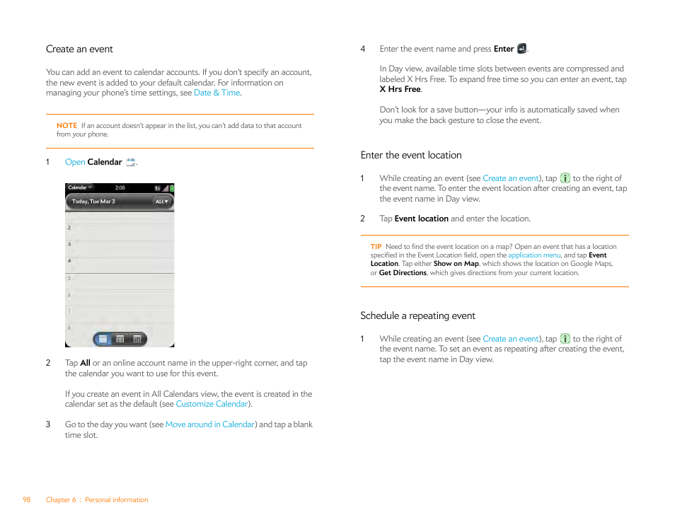 Create an event, Enter the event location, Schedule a repeating event | Palm Pre Plus User Manual | Page 98 / 209