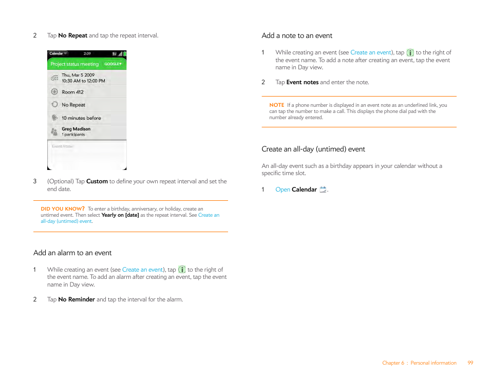 Add an alarm to an event, Add a note to an event, Create an all-day (untimed) event | Palm Pre Plus User Manual | Page 99 / 209