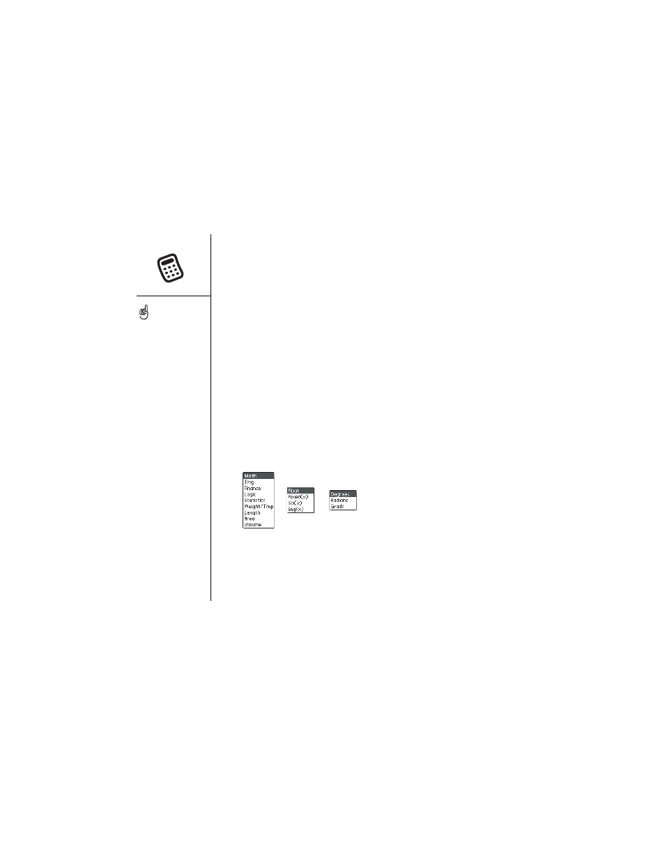 Selecting functions in advanced calculator mode | Palm Treo 600 User Manual | Page 98 / 178