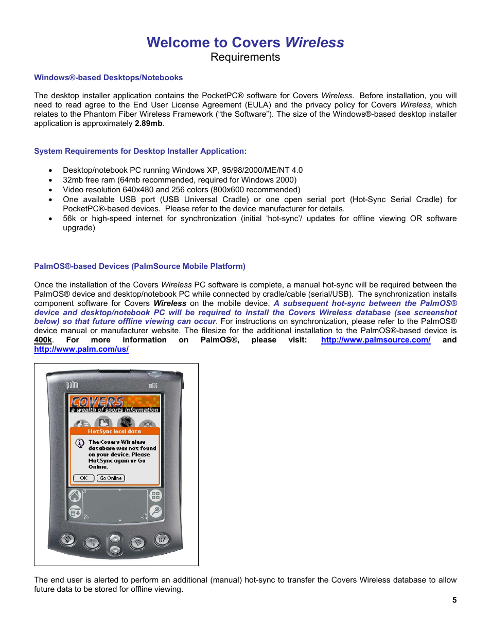 Welcome to covers wireless, Requirements | Palm OS Devices User Manual | Page 5 / 30