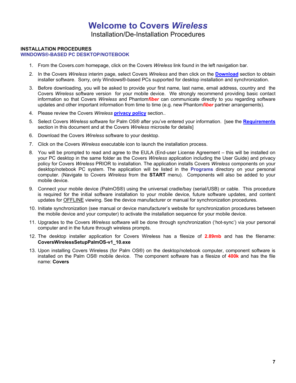 Welcome to covers wireless, Installation/de-installation procedures | Palm OS Devices User Manual | Page 7 / 30