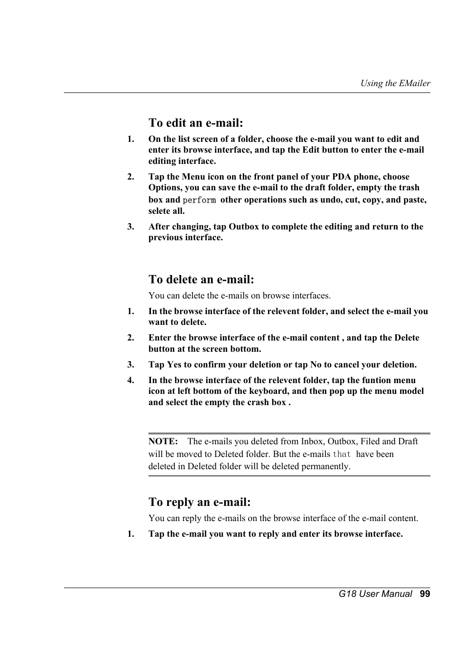To edit an e-mail, To delete an e-mail, To reply an e-mail | Palm XPLORE G18 User Manual | Page 110 / 276