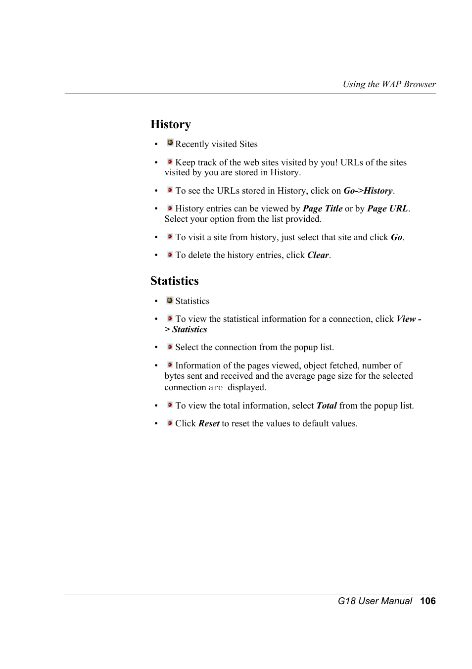 History, Statistics, History statistics | Palm XPLORE G18 User Manual | Page 117 / 276