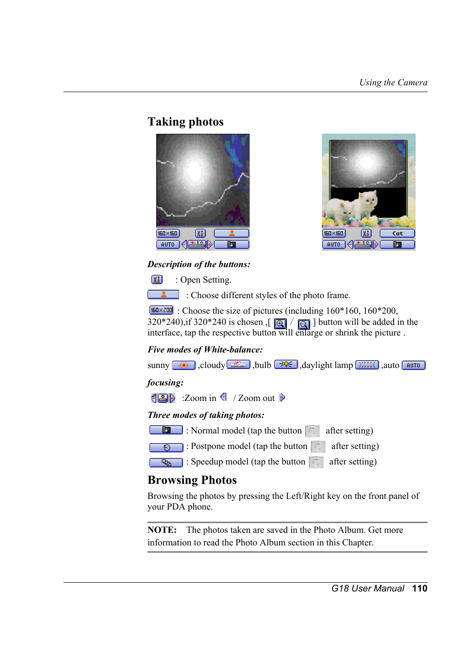 Taking photos, Browsing photos, Taking photos browsing photos | Palm XPLORE G18 User Manual | Page 121 / 276