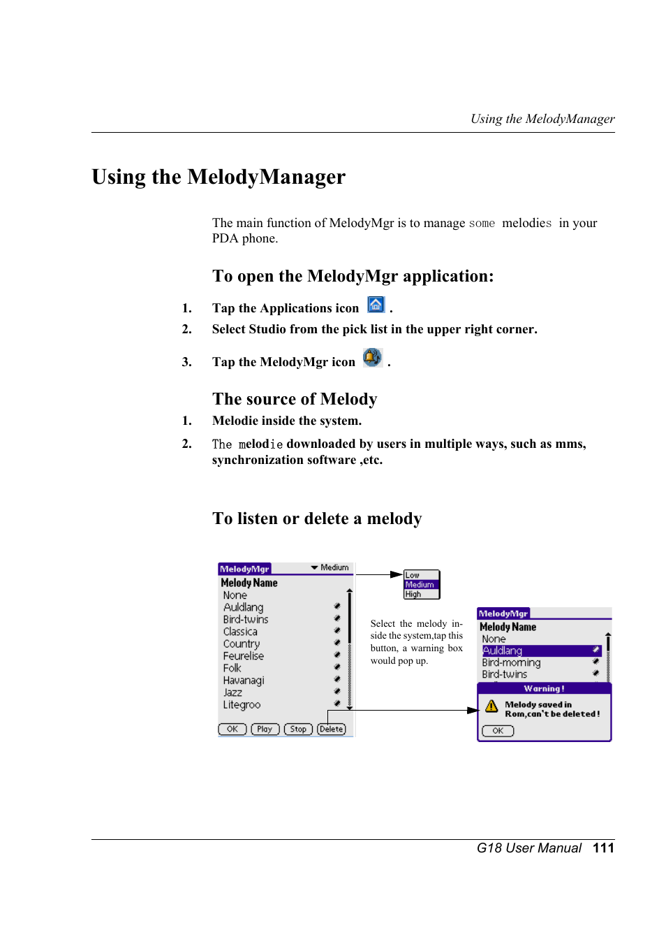Using the melodymanager, To open the melodymgr application, The source of melody | To listen or delete a melody | Palm XPLORE G18 User Manual | Page 122 / 276