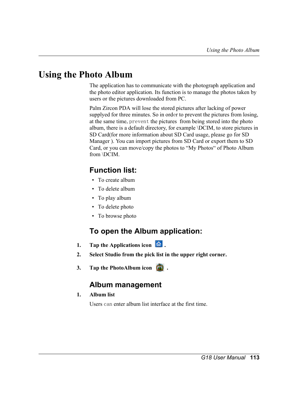 Using the photo album, Function list, To open the album application | Album management | Palm XPLORE G18 User Manual | Page 124 / 276