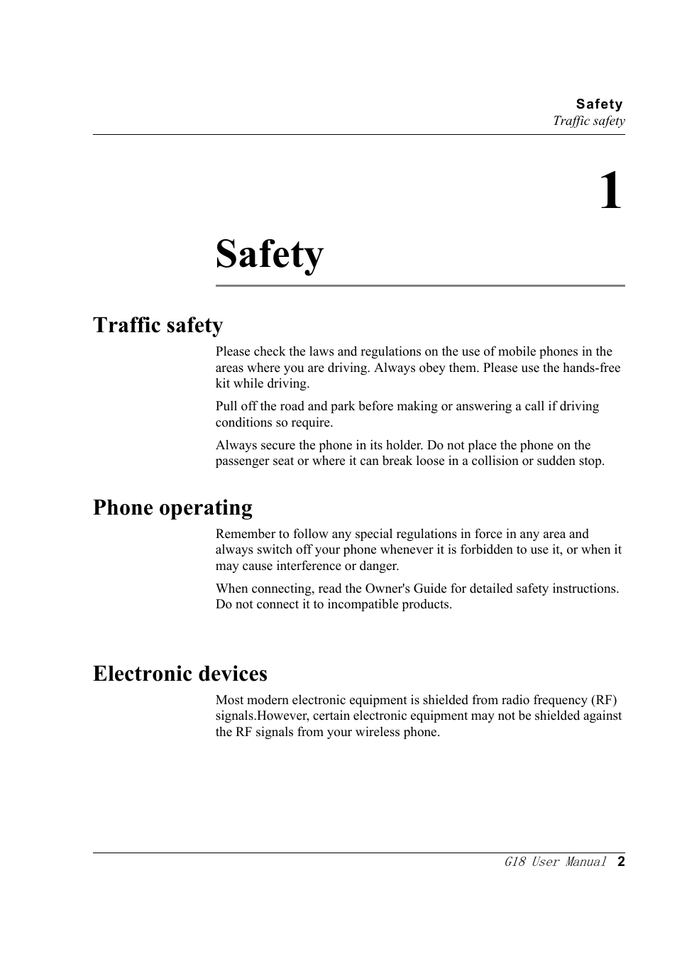 Safety, Traffic safety, Phone operating | Electronic devices, 1 safety, Traffic safety phone operating electronic devices | Palm XPLORE G18 User Manual | Page 13 / 276