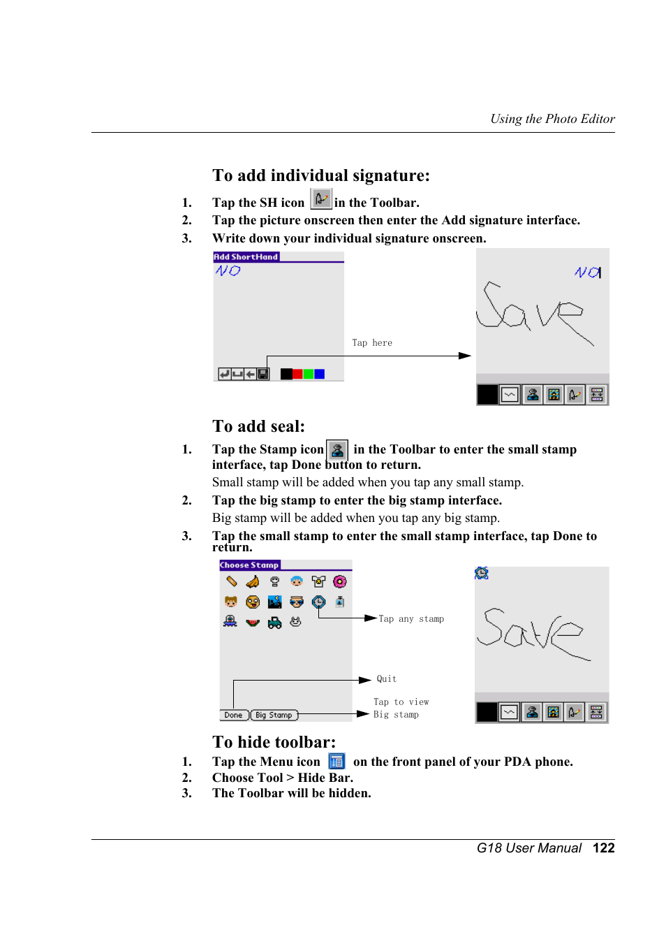 To add individual signature, To add seal, To hide toolbar | Palm XPLORE G18 User Manual | Page 133 / 276